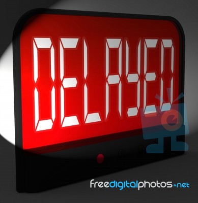 Delayed Digital Clock Shows Postponed Or Running Late Stock Image