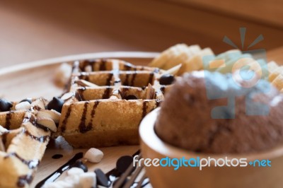 Delicious Sweet Dessert : Homemade Waffle With Chocolate Sauce ,… Stock Photo
