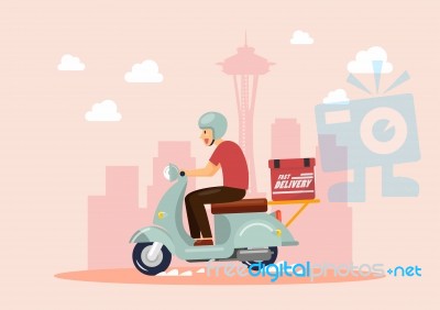 Delivery Boy Ride Scooter In Big City Stock Image
