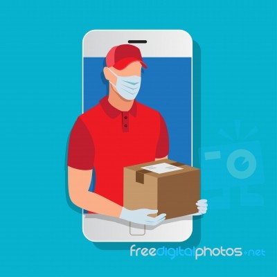 Delivery Man Wearing A Face Mask And Gloves Holding A Box Post Stock Image