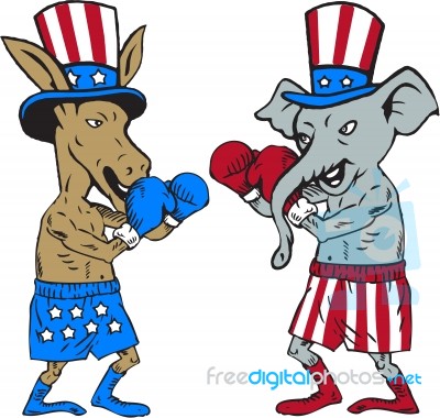 Democrat Donkey Boxer And Republican Elephant Mascot Cartoon Stock Image