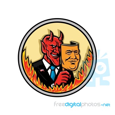 Demon Holding Mask With Flames Mascot Stock Image