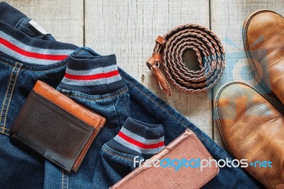Denim And Accessories On Wooden Stock Photo