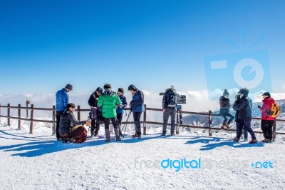 Deogyusan,korea - January 23: Tourists Taking Photos Of The Beautiful Scenery Around Deogyusan,south Korea On January 23, 2015 Stock Photo