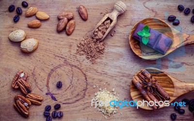 Desserts Background And Menu Design. Ingredients For Bakery , Pe… Stock Photo