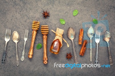 Desserts Background And Menu Design. Metal Utensils ,honey Dippe… Stock Photo