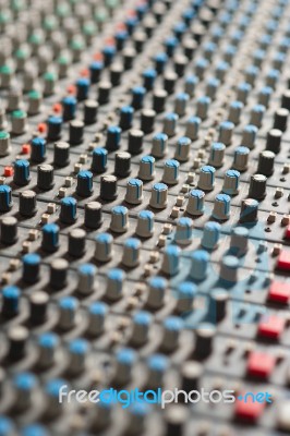 Detail Of A Music Mixer In Studio, Closeup Stock Photo