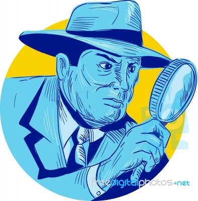 Detective Holding Magnifying Glass Circle Drawing Stock Image