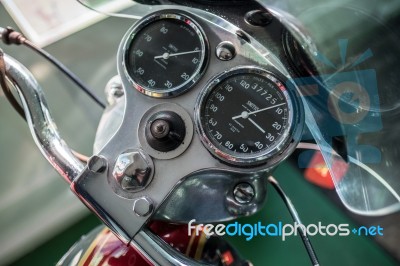 Dials On A Royal Enfield Motorcycle In The Motor Museum At Bourt… Stock Photo