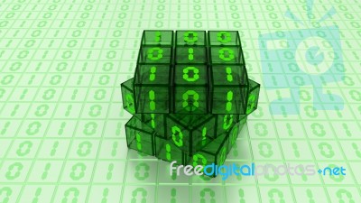 Digital Binary Magic Cube Box In Green Glass Stock Image