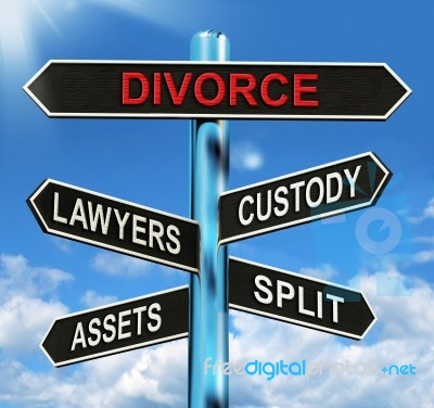 Divorce Signpost Means Custody Split Assets And Lawyers Stock Image