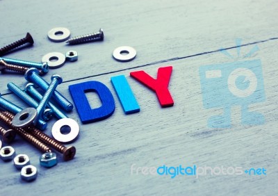 Diy Text On Wooden Floor With Screw And Washer  Stock Photo