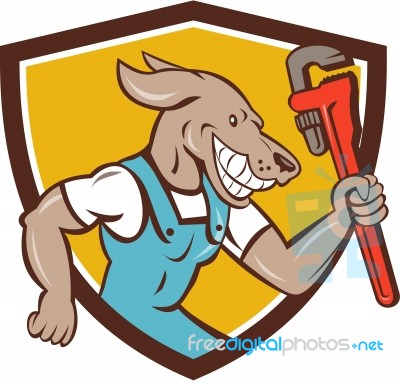 Dog Plumber Running Monkey Wrench Shield Cartoon Stock Image