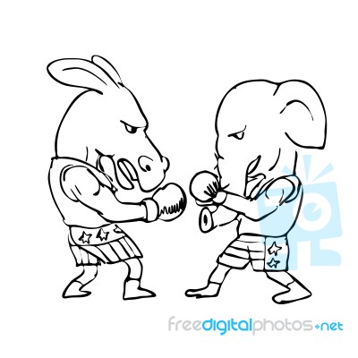 Donkey And Elephant Boxers Black And White Drawing Stock Image