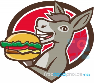 Donkey Mascot Serving Hamburger Oval Retro Stock Image