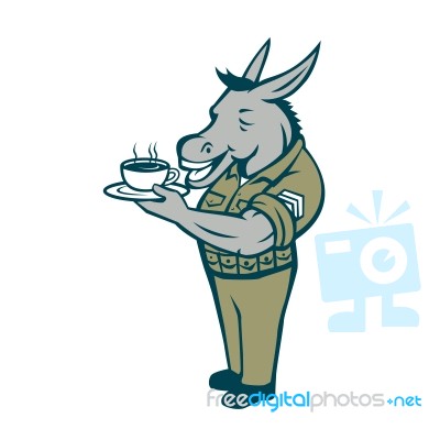 Donkey Sergeant Army Standing Drinking Coffee Cartoon Stock Image
