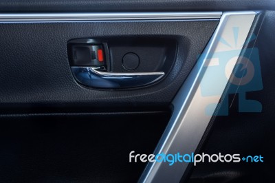 Door Handle Inside The Modern Car Is Black Interior Stock Photo