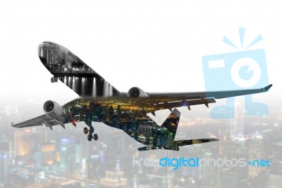 Double Exposure Commercial Airplane With Blur Cityscape Backgrou… Stock Photo