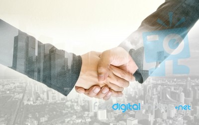 Double Exposure Handshake Of Business Peoples Stock Photo