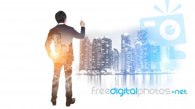 Double Exposure Of Businessman And City, Business Success Concept Stock Photo
