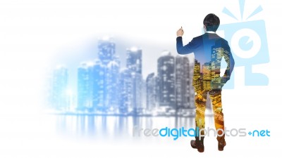 Double Exposure Of Businessman And City, Business Success Concept Stock Photo
