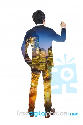 Double Exposure Of City And Businessman, Business Success Concept Stock Photo