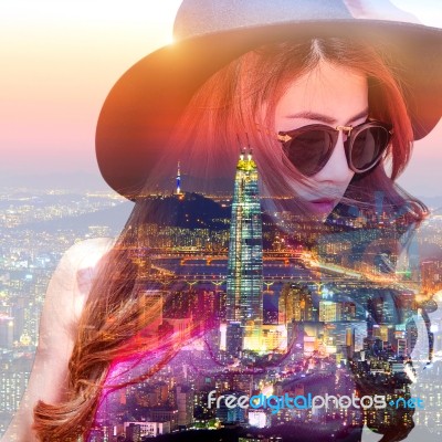 Double Exposure,beautiful Girl And Cityscape Stock Photo