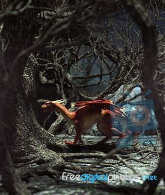 Dragon In Creepy Forest,3d Rendering For Book Cover Stock Image