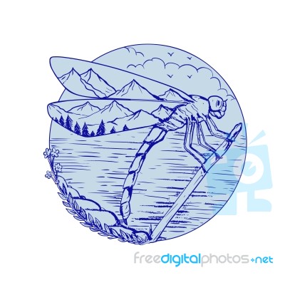 Dragonfly Mountains In Wings Drawing Stock Image