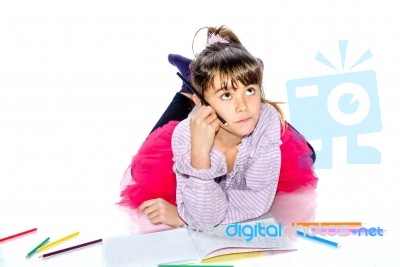 Dreamy Little Girl With Pencils Stock Photo