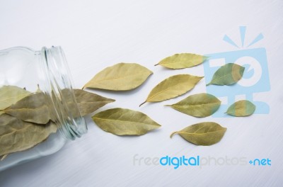 Dried Bay Leaves In Glass Jar On White Wooden Background Stock Photo