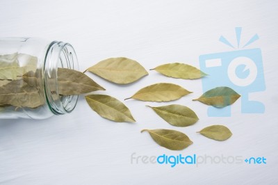 Dried Bay Leaves In Glass Jar On White Wooden Background Stock Photo