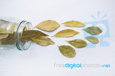 Dried Bay Leaves In Glass Jar On White Wooden Background Stock Photo