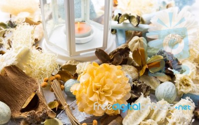 Dried Flowers With Lamp And Candle Stock Photo
