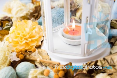 Dried Flowers With Lamp And Candle Stock Photo