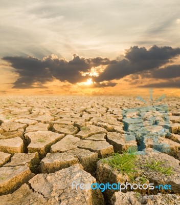 Drought Land Under The Evening Sunset Stock Photo