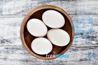 Duck Eggs In Brown Wooden Bowl Stock Photo
