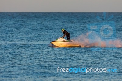 Dungeness, Kent/uk - December 17 ; Man Riding A Jet Ski Off Dung… Stock Photo