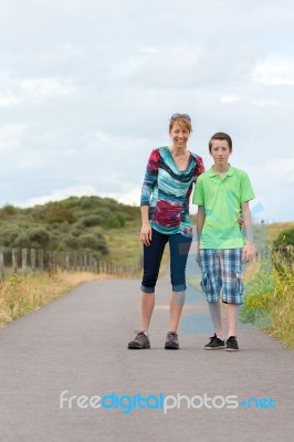 Dutch Mother And Son Walking In Nature Stock Photo
