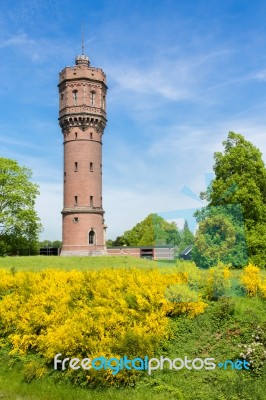Dutch Stone Water Tower With Blooming Yellow Flowers Stock Photo