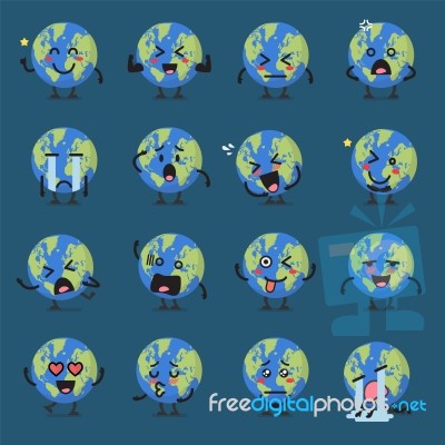 Earth Globe Character Emoji Set Stock Image