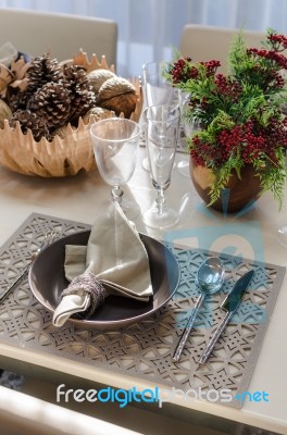 Earth Tone Table Set In Dinning Room Stock Photo