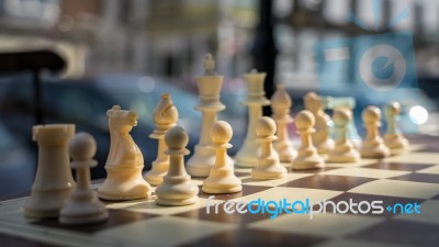 East Grinstead,  West Sussex/uk - August 18 : Chess Set Outside Stock Photo