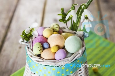Easter Eggs In The White Basket Stock Photo