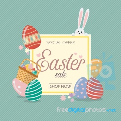 Easter Sale Banner Template With Bunny Rabbit And Eggs Stock Image