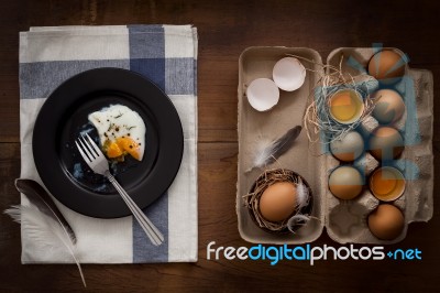 Eating Fried Eggs Flat Lay Still Life Rustic With Food Stylish Stock Photo