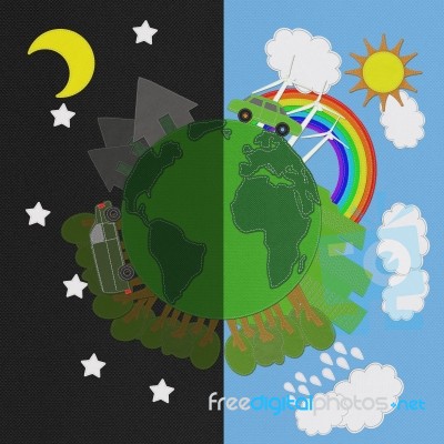 Ecology Day And Night Concept With Stitch Style On Fabric Backgr… Stock Image