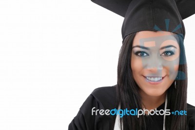 Educational Theme: Graduating Student Girl In An Academic Gown Stock Photo