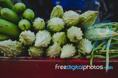 Egg Plant, Cucumbers, And Bitter Gourd In A Market In India Stock Photo