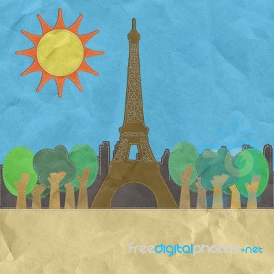 Eiffel Tower, Paris. France In Stitch Style On Paper Texture Bac… Stock Image